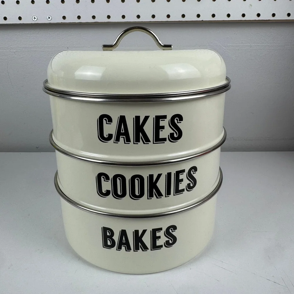 Typhoon Living Retro Cream Enamel 3 Tier Nesting Cake Cookie Bakes Storage Tin